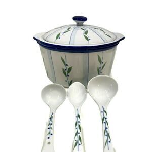 Cook Street Inc Porcelain 6pc.Warming Side Server Casserole wSpoon, Blueberry Vi
